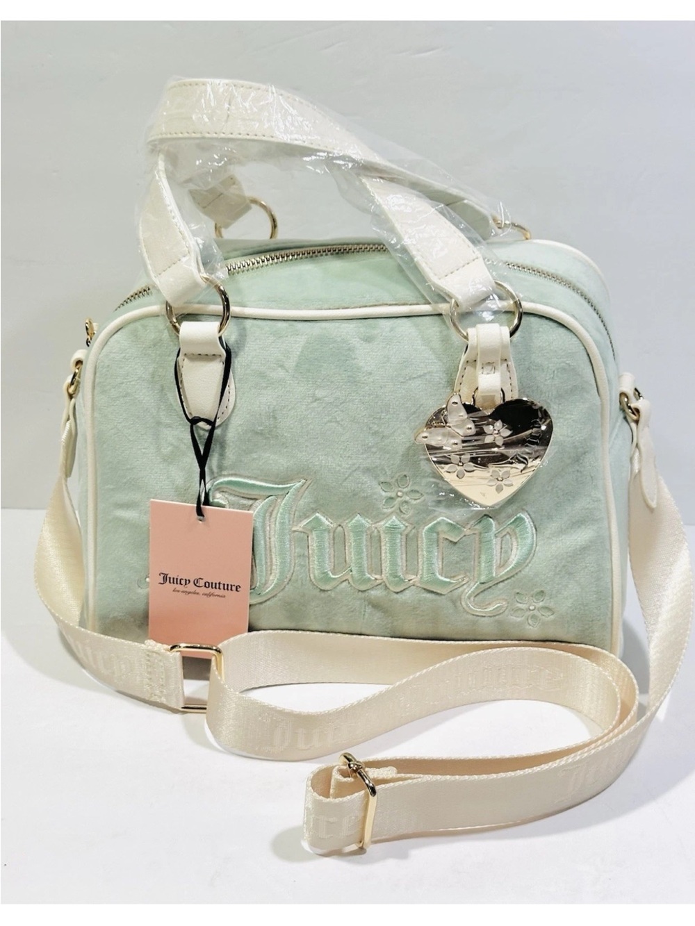 Juicy Couture Mint Velvet Crossbody Satchel with White Trim & Heart Charm